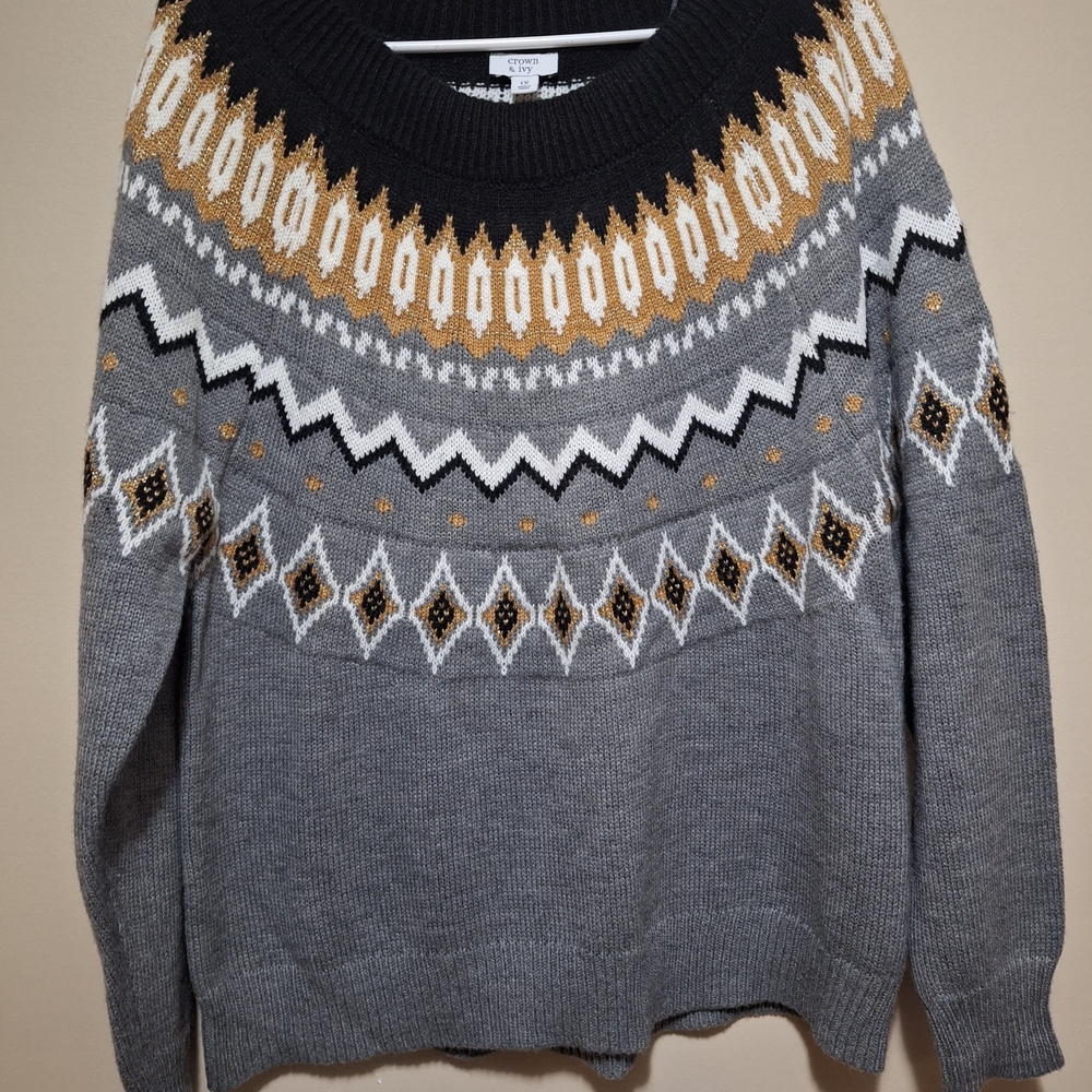 Women's 1X Crown & Ivy Gray Faire Isle Inspired Patterned Sweater